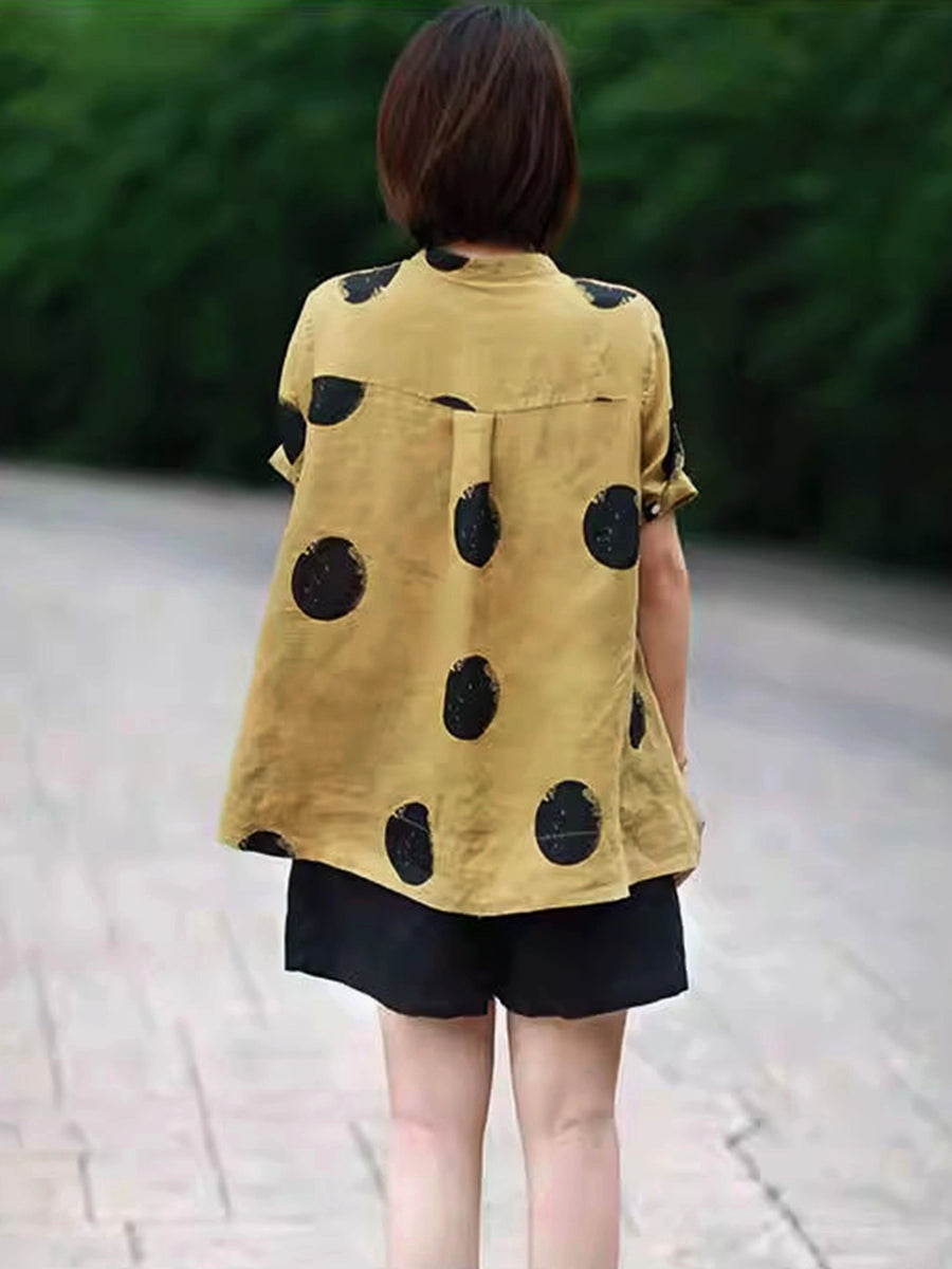 Women'S Vintage Polka Dot Print Shirt - Short Sleeve, Stand Collar, Button-Up Top with Asymmetrical Hem, Black & Orange, Casual Summer Blouse for Adults, Casual Summer Wear | Vintage Style Shirt | Nonstretch Fabric - Yellowish-brown