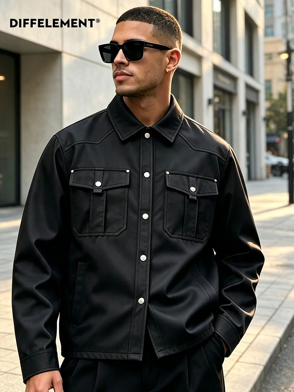 DIFFELEMENT Men's Lapel Work Jacket, Structured, Wear-Resistant, Windproof, Woven Fabric, Multiple Pockets, Metal Snap Buttons, Simple Solid Color, Versatile Fit, Suitable for Urban Commuting, Street Outings, Outdoor Casual Wear, Spring and Autumn - Black