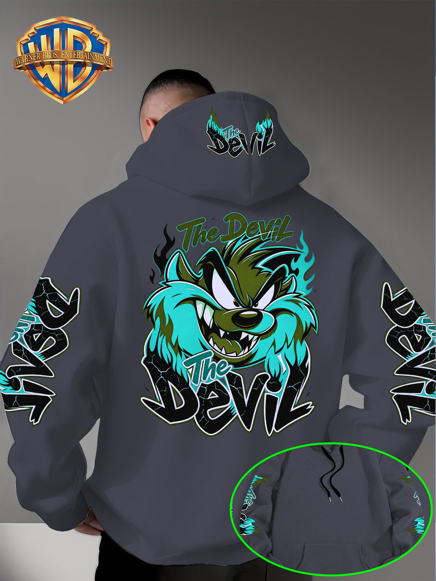 Le Yitong Big Mouth Monster The Devil Flame Print Hoodie, with Sleeve Print Design, Kangaroo Pouch And Drawstring Hood, Suitable for Autumn/Winter Casual Wear And Outdoor Activities - Dark Gray