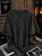 Deathly Hallows Print, Dark Magic Logo Pattern, Using American Retro Distressed Washed Style T-Shirt for Men, Loose Fit Men'S Top, Trendy Design with Half Sleeves, Suitable for Daily Commuting, Parties, Holiday Dates, V-Neck - Black