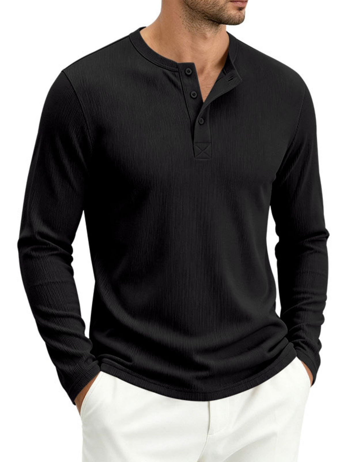 Men's Spring Fall Heavyweight Ribbed Henley Shirt, American Retro Casual Long Sleeve Top, Breathable Loose Commute Henley Neck Tee - Black