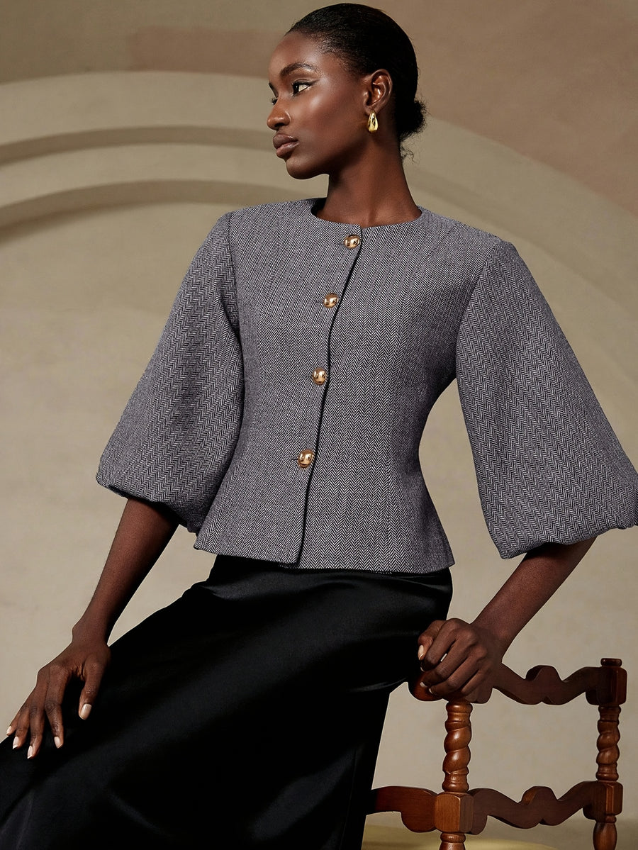 Elegant Vintage French-Style Women's Blazer, Featuring a High-end Herringbone-patterned Round Neck with a Cinched-waist Cut. This Jacket Combines Exquisite Lantern Sleeves with Metal Button Detailing, Making It a Versatile Piece for Daily Fashion - Grey
