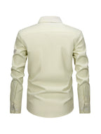 New Cotton Oxford Shirt for Men, Casual Fashion Long Sleeve with Collar and Cuff Patchwork Design, Comfortable and Fitted Business Loose Shirt, Button-Up Striped Dress Shirt, Long Sleeve Collared Striped Dress Shirt for Office Work, Fine Stripe Shirt - Champagne base with white stripes
