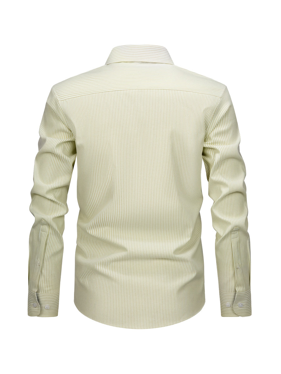 New Cotton Oxford Shirt for Men, Casual Fashion Long Sleeve with Collar and Cuff Patchwork Design, Comfortable and Fitted Business Loose Shirt, Button-Up Striped Dress Shirt, Long Sleeve Collared Striped Dress Shirt for Office Work, Fine Stripe Shirt - Champagne base with white stripes