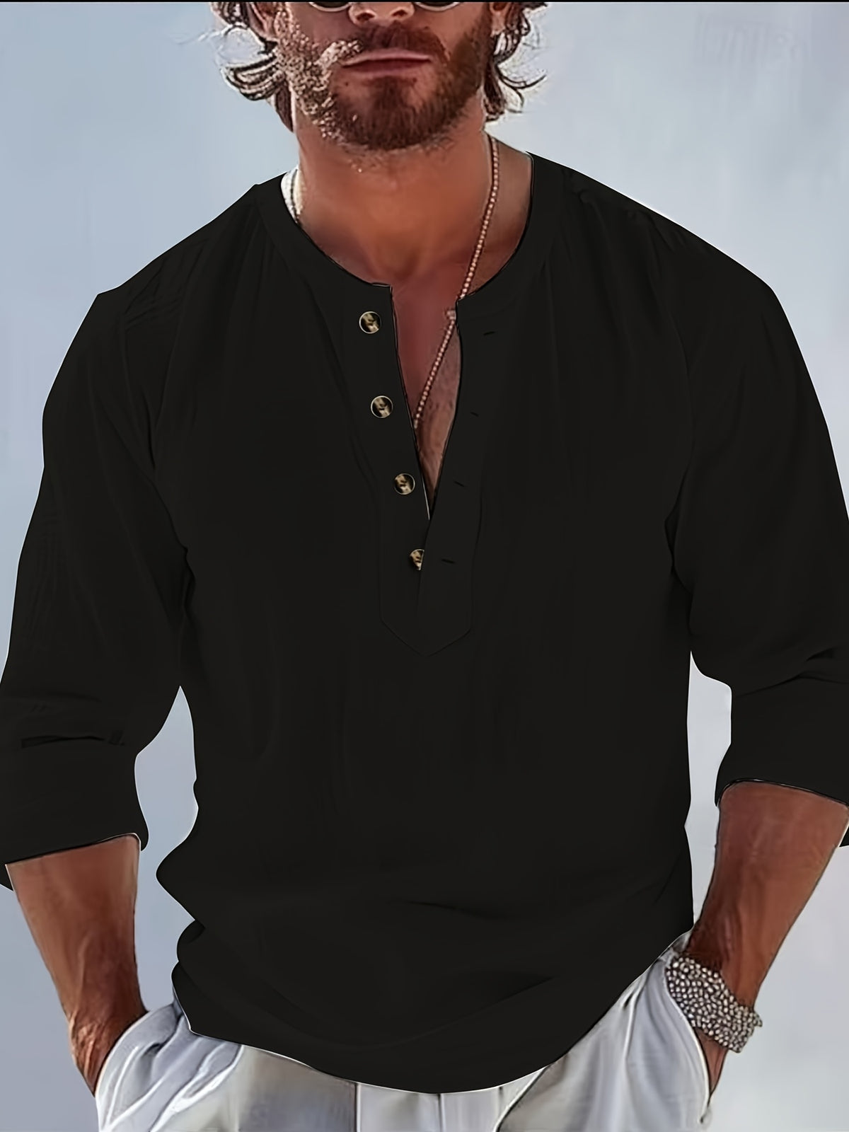Men'S Fashion Polo Neck Linen Breathable Comfortable Casual All-Season Long Sleeve Shirt, Spring And Summer, Regular Fit, Polo Collar, Daily, Button - Black