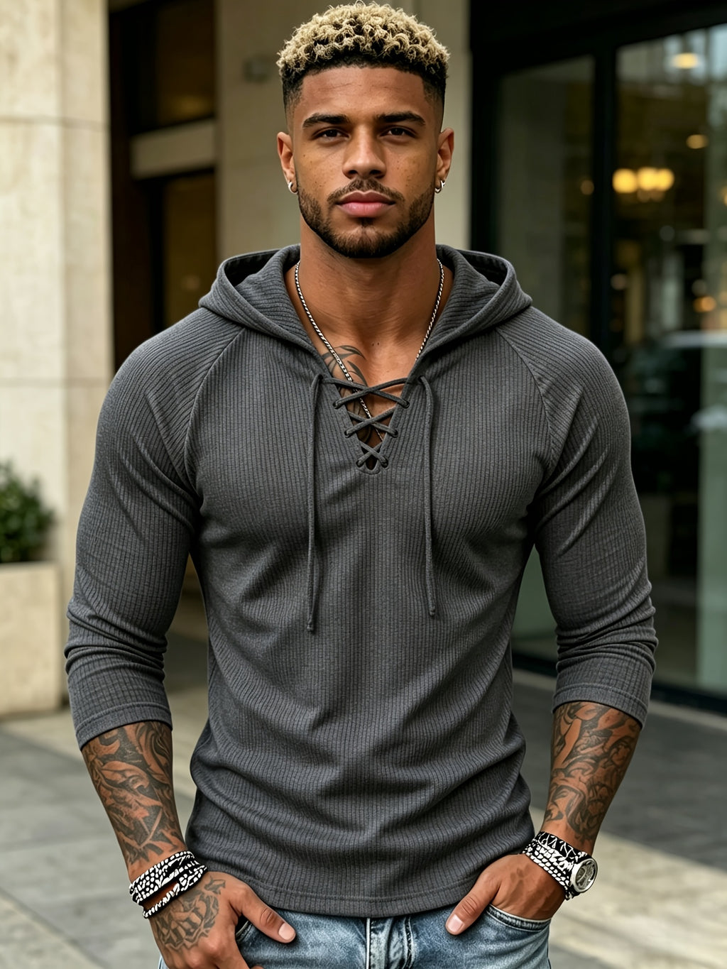 Joshmei OBM Vintage New York Street Style Men's White Textured Hooded Long-Sleeve T-Shirt with V-Neck and Cross-Strap Design, Niche Trendy Versatile Stretch Hoodie for Streetwear - Dark Gray