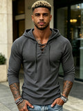Joshmei OBM Vintage New York Street Style Men's White Textured Hooded Long-Sleeve T-Shirt with V-Neck and Cross-Strap Design, Niche Trendy Versatile Stretch Hoodie for Streetwear - Dark Gray