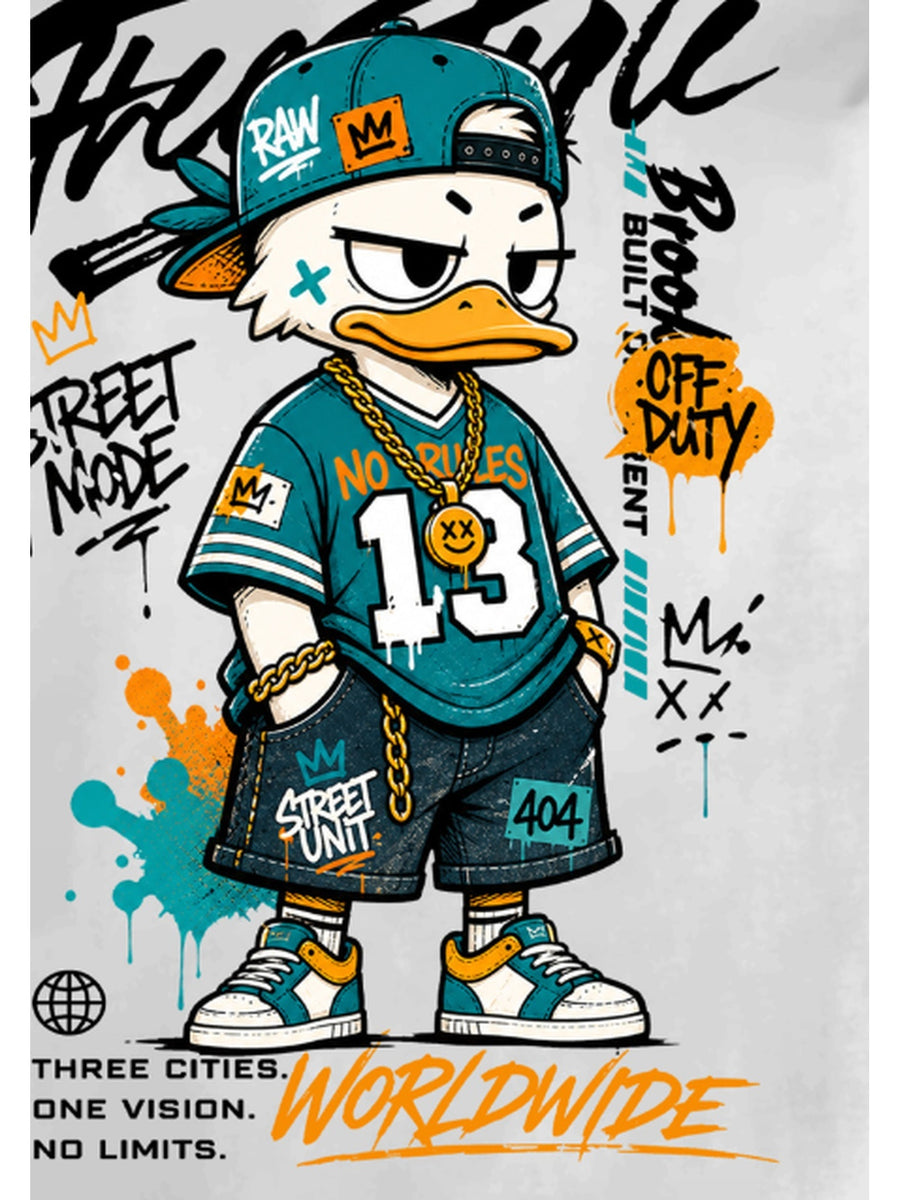 Printed Design, Non-textured, European and American Casual Style Men's Leisure T-shirt with Duck Image, Layered with Street Font Graphics, for Daily Commuting and Casual Wear - Mixed Color 2