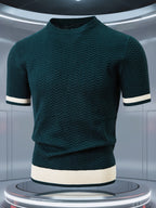 Men's Knit Short Sleeve Sweater, Heavy Craft Wave Jacquard Slimming Vertical Stripes, Stylish Trendy Thermal Base Layer, Thick Half Sleeve for Spring Autumn Winter, High-Quality Pullover, Can Be Worn Alone or as a Base Layer - Dark Green