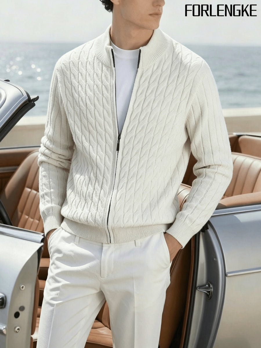 FORLENGKE Men'S Stand Collar Zip-Up Knit Jacket, Autumn And Winter Retro Cable Knit Sweater Cardigan, Comfortable Soft Long Sleeve Top, Everyday Commuting Casual Easy Versatile Knitwear in Multiple Colors - White