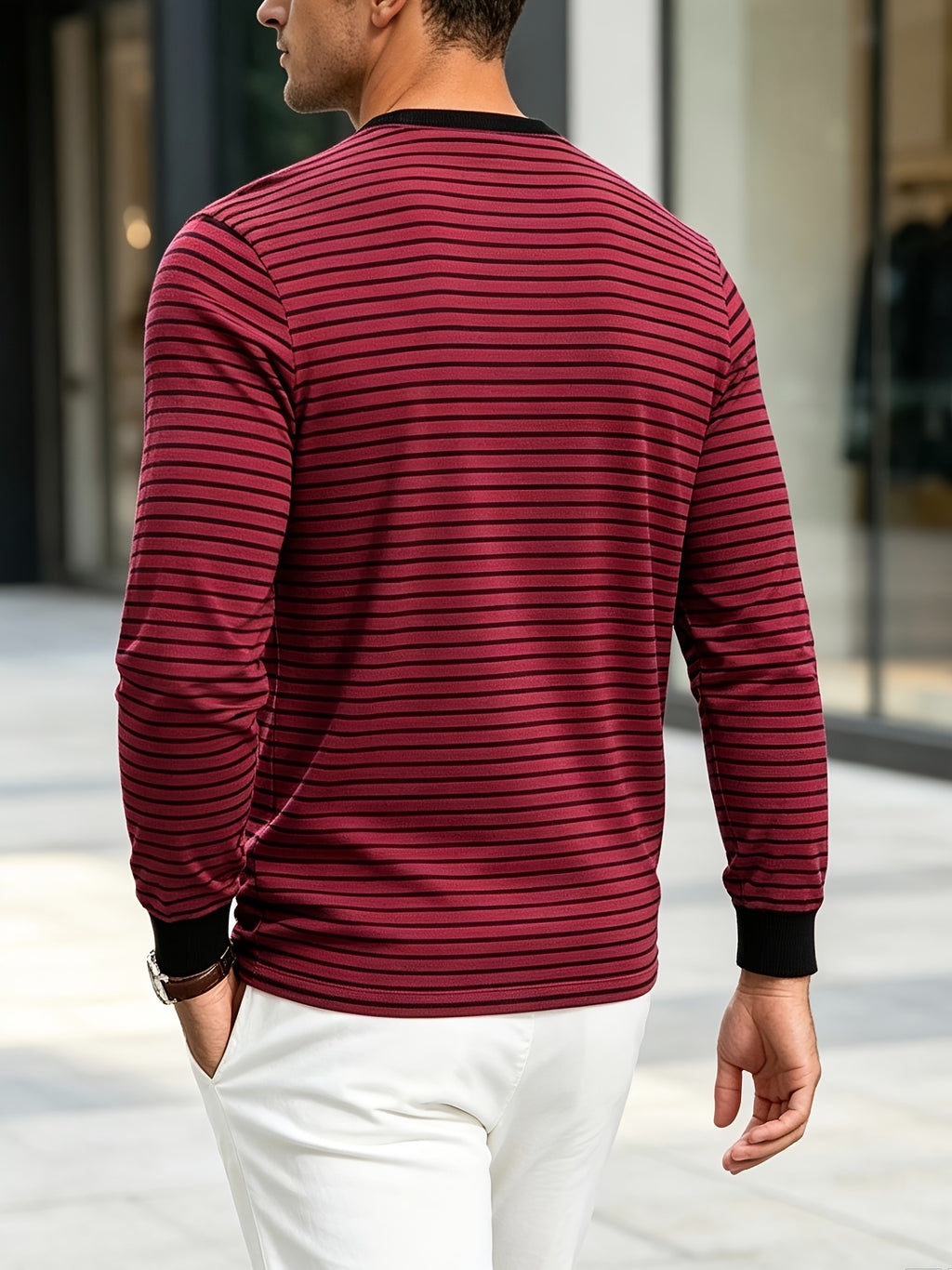 New Men's Striped Henley Neck Long Sleeve T-Shirt, Contrast Color Placket Button Casual Slim Fit Base Layer Top for Spring and Autumn - Red