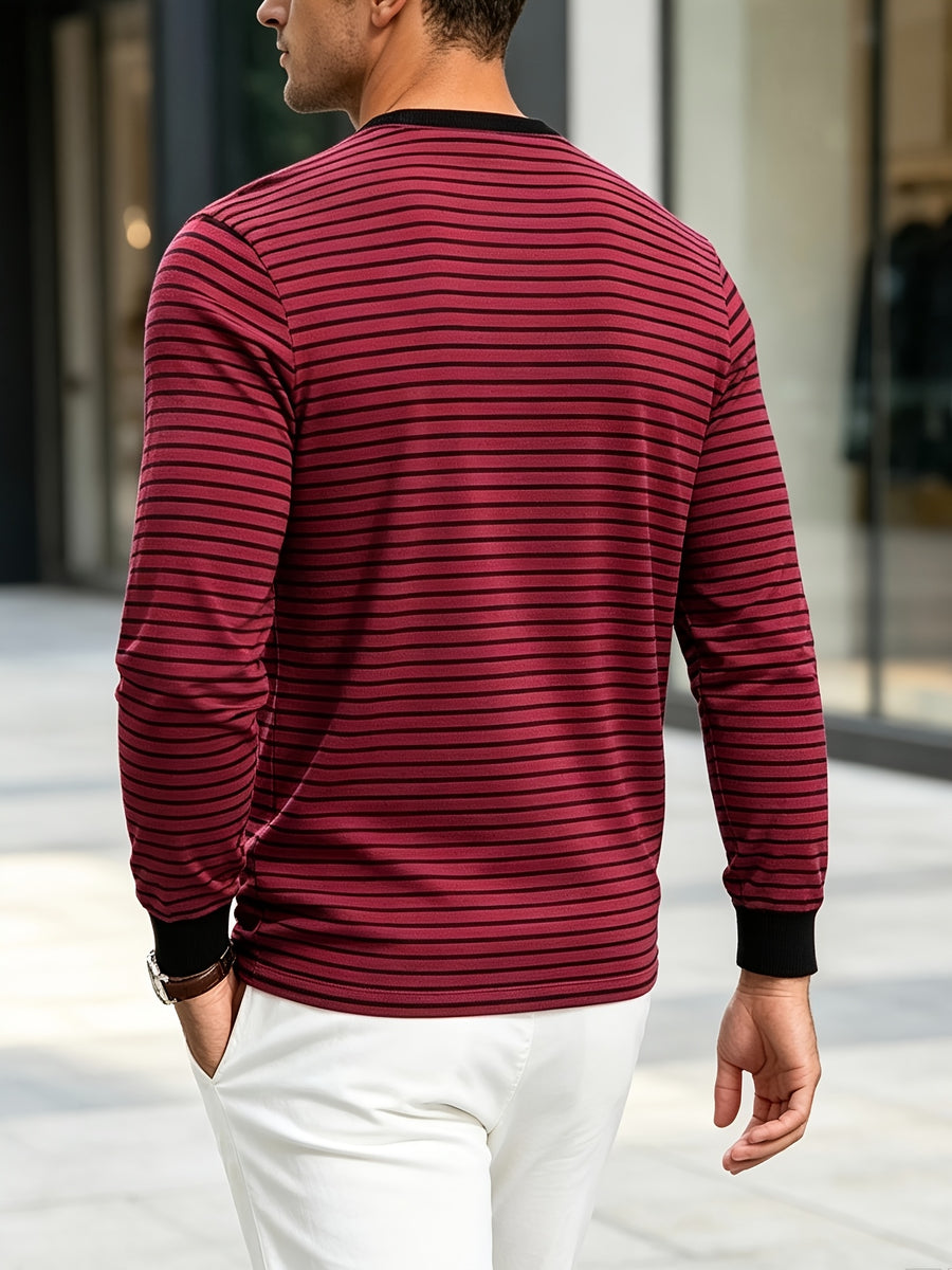 New Men's Striped Henley Neck Long Sleeve T-Shirt, Contrast Color Placket Button Casual Slim Fit Base Layer Top for Spring and Autumn - Red