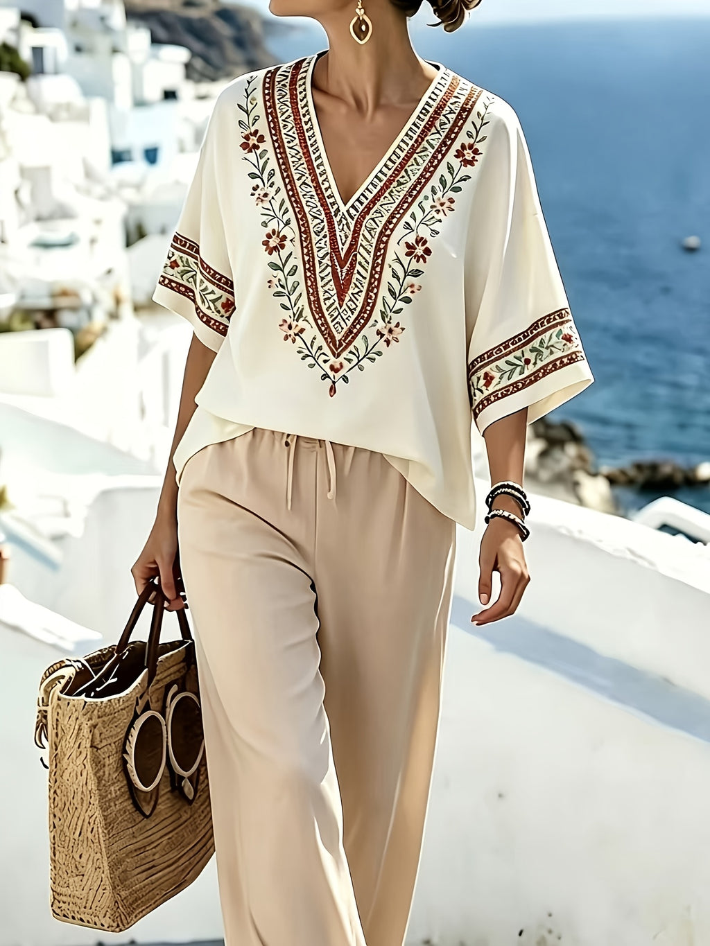 New Summer Bohemian Floral Print V-Neck Batwing Sleeve Casual Vacation Top - Ivory White
