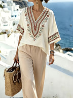 New Summer Bohemian Floral Print V-Neck Batwing Sleeve Casual Vacation Top - Ivory White