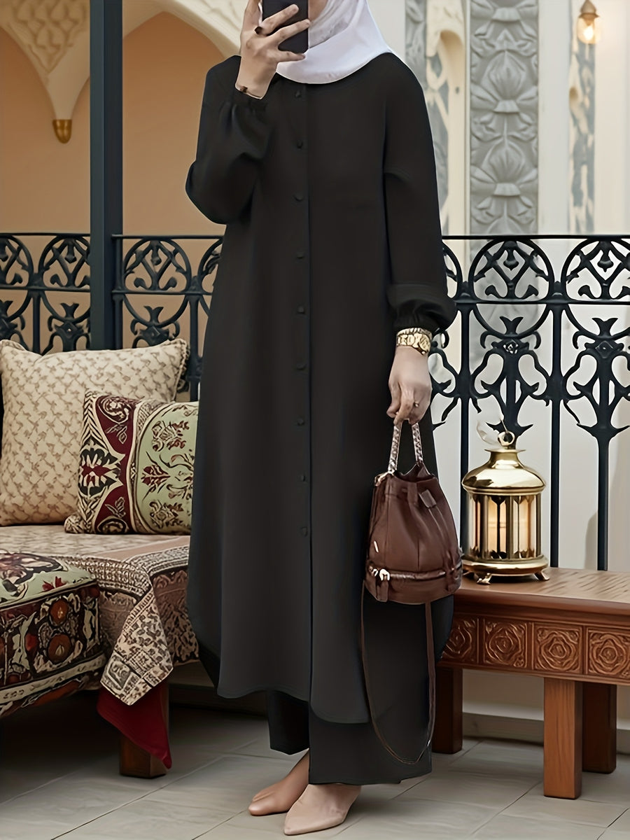 Eid | Elegant Front Button Autumn-Winter 2pcs Jilbab Set | Plain Front Button Abaya Women Modest + Loose Wide Leg Pants | Banquet, Date, Urban Commute - Black