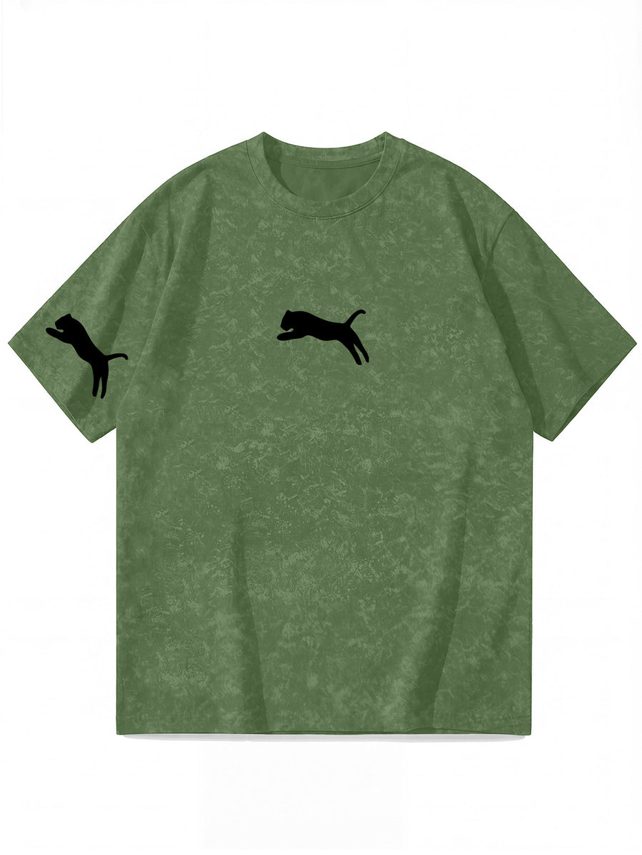 American Retro Distressed Short Sleeve T-Shirt, Men'S Trendy Cheetah Print Regular Oversize Street Casual Top - Green