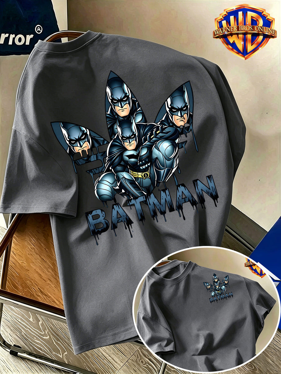 Warner Bros. Authentic Unisex 100% Short-Sleeve T-Shirt, American Street Party Illustration Short Sleeve, Hero-Themed Double Print, Exquisite Chest Graphic with Multi-Character Combination on the Back, Graffiti Drip Ink Lettering Details, Cool-Toned - Dark Gray