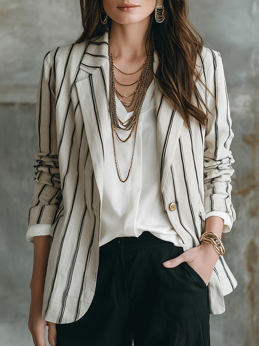 Women'S Modern Fashion Thin Pinstripe Lightweight Blazer YYTT - Milky