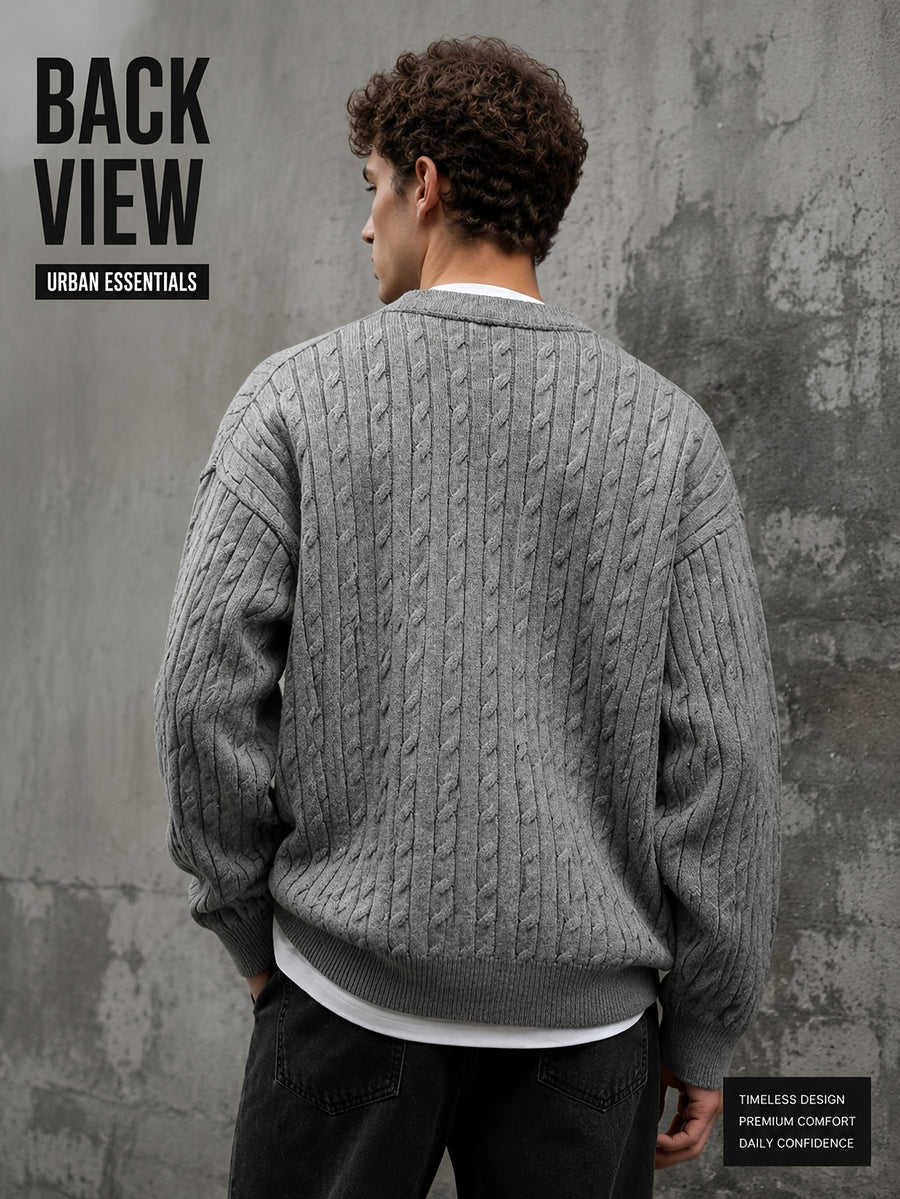 Daily Deal 1pc Men's Cable Knit Cardigan, V-Neck Button-Front, Textured Twist Knit, Retro Casual Street Style, Spring & Fall Loose Fit Daily Sweater Outerwear - Dark Gray