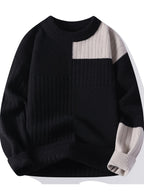 Men's Crew Neck Color Block Sweater, New Autumn/Winter Casual Knitwear, Trendy Spliced Pullover, Warm Base Layer Top - Black