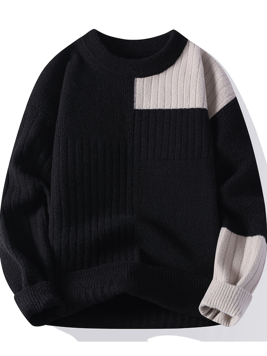 Men's Crew Neck Color Block Sweater, New Autumn/Winter Casual Knitwear, Trendy Spliced Pullover, Warm Base Layer Top - Black