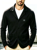 Men's New Spring, Autumn, and Winter Collection: Twill Textured Fabric Single-Breasted Notched Lapel Cardigan with Double Pockets, a Versatile Long-Sleeve Business Casual Outerwear. Soft, Comfortable, and Stylish Knitted Solid-Color Jacket - Black
