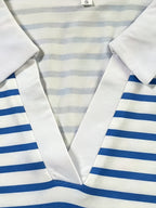 New Summer V-Neck Lapel Striped Polo Shirt for Women, Regular Shoulder Fit, Classic Striped Design, Short Sleeves with  Cute and Playful Cat Graphic Print, Versatile Top for Casual Daily Wear and Commuting - Blue