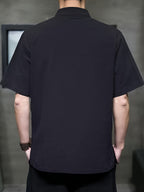 New Men's Short-sleeved Casual Shirt, Comfortable Pure Cotton, Chinese Knot Button, Tang Suit Style Top, Stand Collar, Ethnic Style, Hanfu, Simple and Versatile Men's Shirt - Black