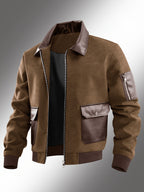 Men's Color-block Workwear Pilot Jacket, Lapel Multi-pocket Zip-up Autumn and Winter Casual Men's Jacket, Suitable for Daily Work Scenarios. - Dark Brown