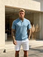 Summer New Fashion Athletic Button-Up Men'S Top Short Sleeve Autumn Casual Comfortable Trendy All-Match Style - Sky Blue