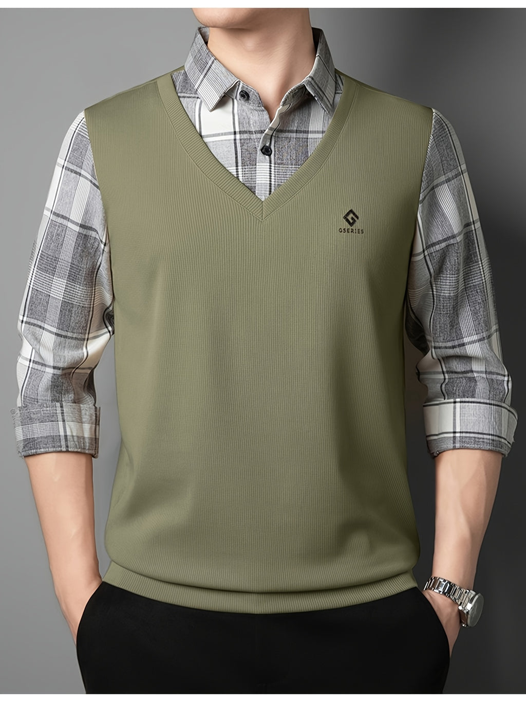 Men's 2-in-1 Look Long Sleeve Golf Polo Shirt, V-Neck Mock Vest Pullover, with Exquisite Logo on the Chest, Gray Plaid Shirt Collar and Cuffs, Breathable and Comfortable Polyester Top, Suitable for Adult Men's Weekend Gatherings, Outdoor Walks - Bean Green