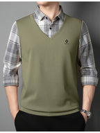 Men's 2-in-1 Look Long Sleeve Golf Polo Shirt, V-Neck Mock Vest Pullover, with Exquisite Logo on the Chest, Gray Plaid Shirt Collar and Cuffs, Breathable and Comfortable Polyester Top, Suitable for Adult Men's Weekend Gatherings, Outdoor Walks - Bean Green