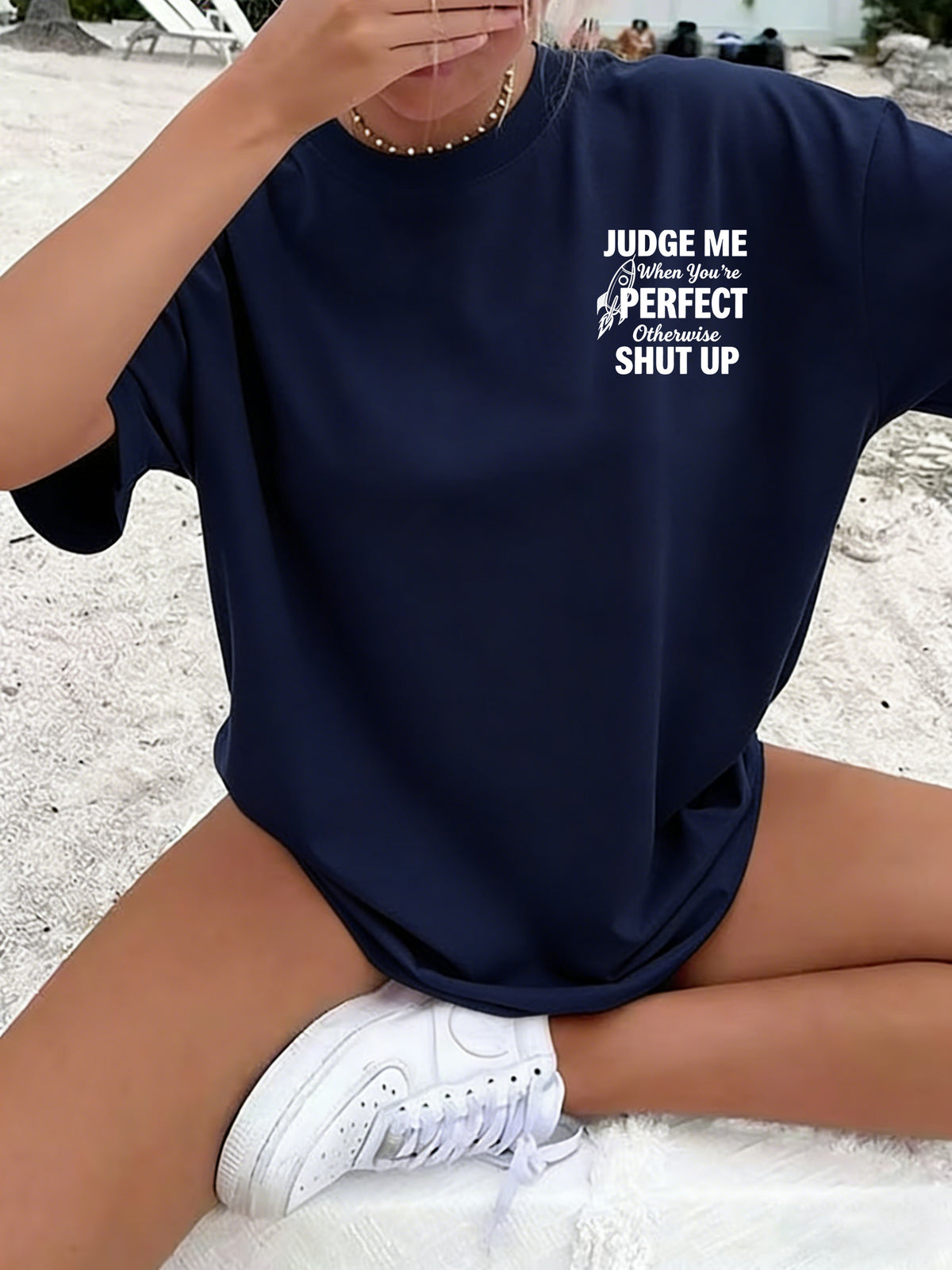 Women'S Crew Neck Double Sided Print Short Sleeve T-Shirt, Judge Me When You'Re Perfect Funny Slogan Rocket Graphic Front Back Tee, Loose Casual Basic Tops, Sassy Quote Printed Shirts for Daily Street Wear, Attitude Novelty Casual Outfit - Navy Color