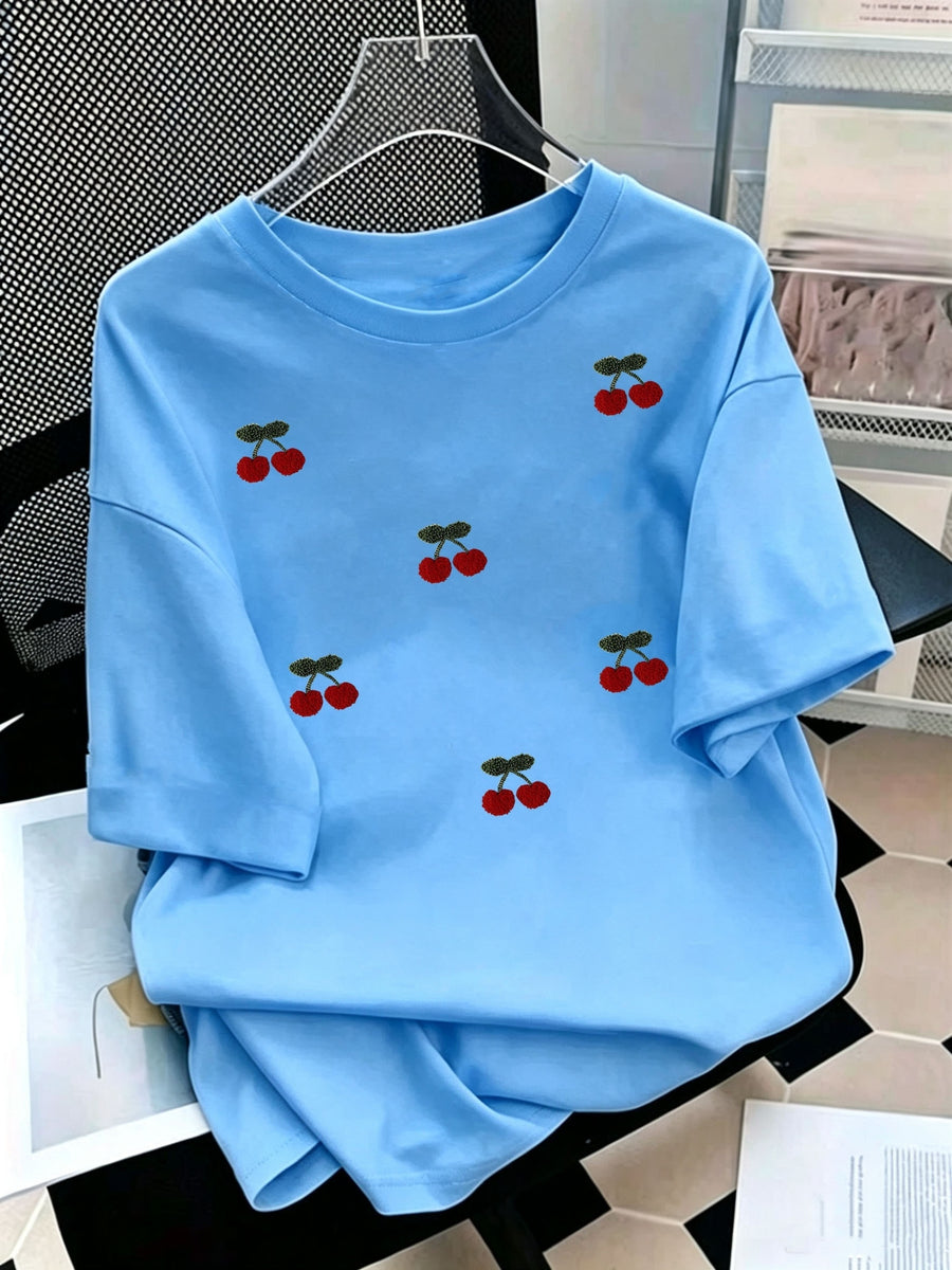 Women's Polyester Short Sleeve T-Shirt, Textured Red Cherry Printed Casual Top, Multiple Sizes Available, Comfortable Lightweight Summer Tee, Perfect for Daily Casual Wear & Outdoor Outings - Deep Sky Blue