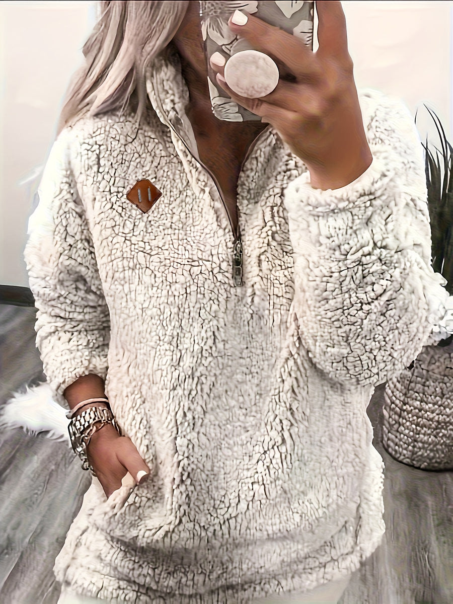 Women's Casual Fashion Pullover Zip-Up Long Sleeve Top - Ivory White