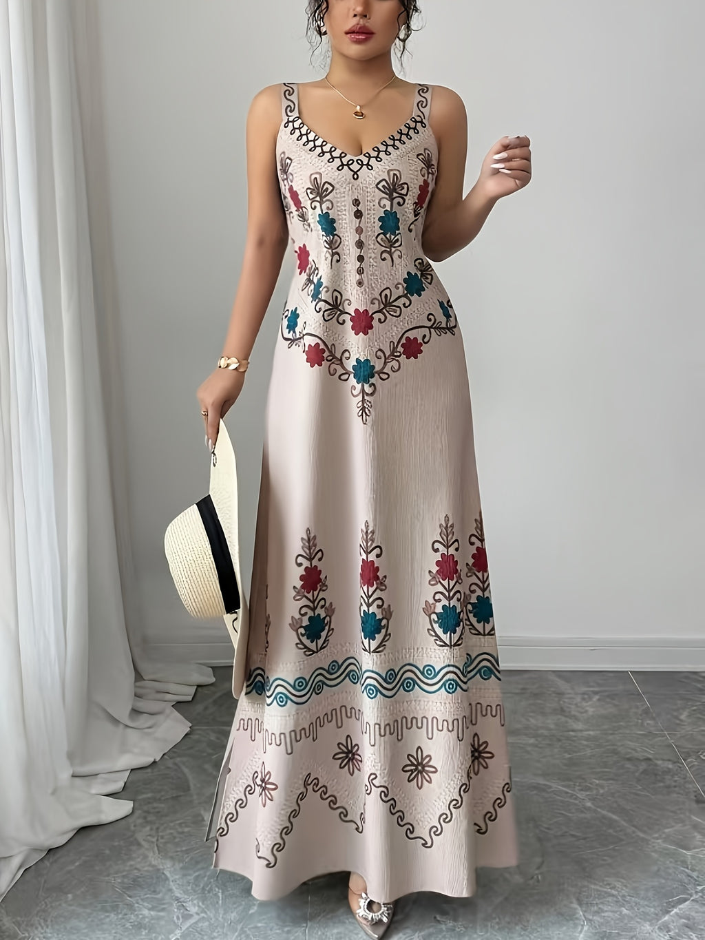 Women's Elegant Deep V-Neck Spaghetti Strap A-Line Dress with Slit Hem & Cinched Waist - Tailored Long Length Wedding Guest Dress, Bridesmaid Dress Suitable for Commuting,, Parties - Khaki