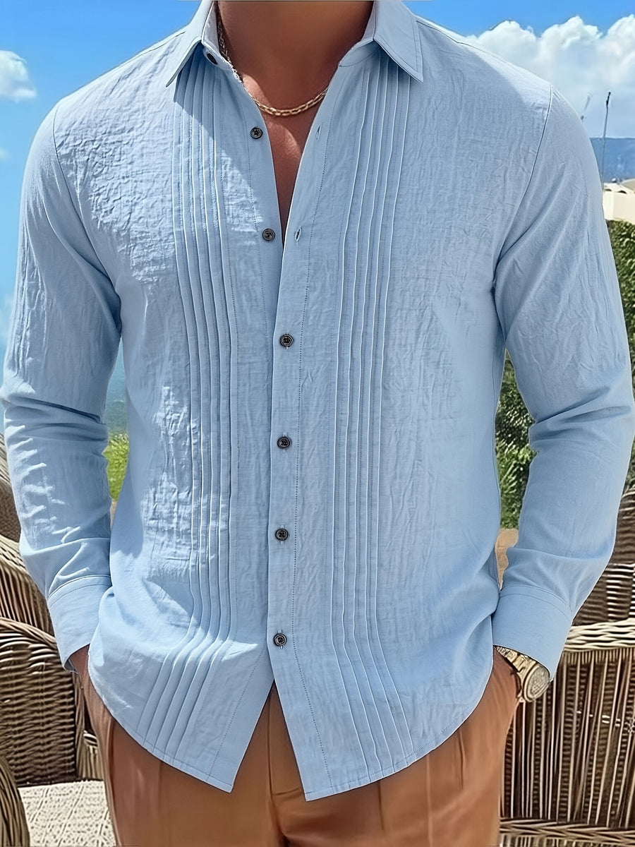 Men'S Fashion Top, Long Sleeve Gualabera Shirt with Pleated Front, Casual Shirt for Vacation, All-Season Casual Style - Light Blue