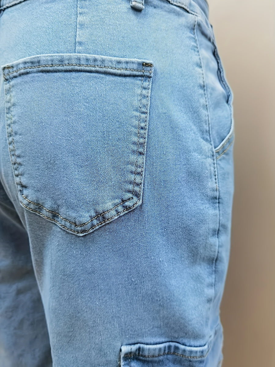 Women'S Elastic Vintage All-Match Casual Fashion Elegant Mid-Rise Machine Washable Durable Multi-Functional Loose Multi-Pocket Tapered Cargo Denim Long Pants Street Trendy Style - Bright Steel Blue