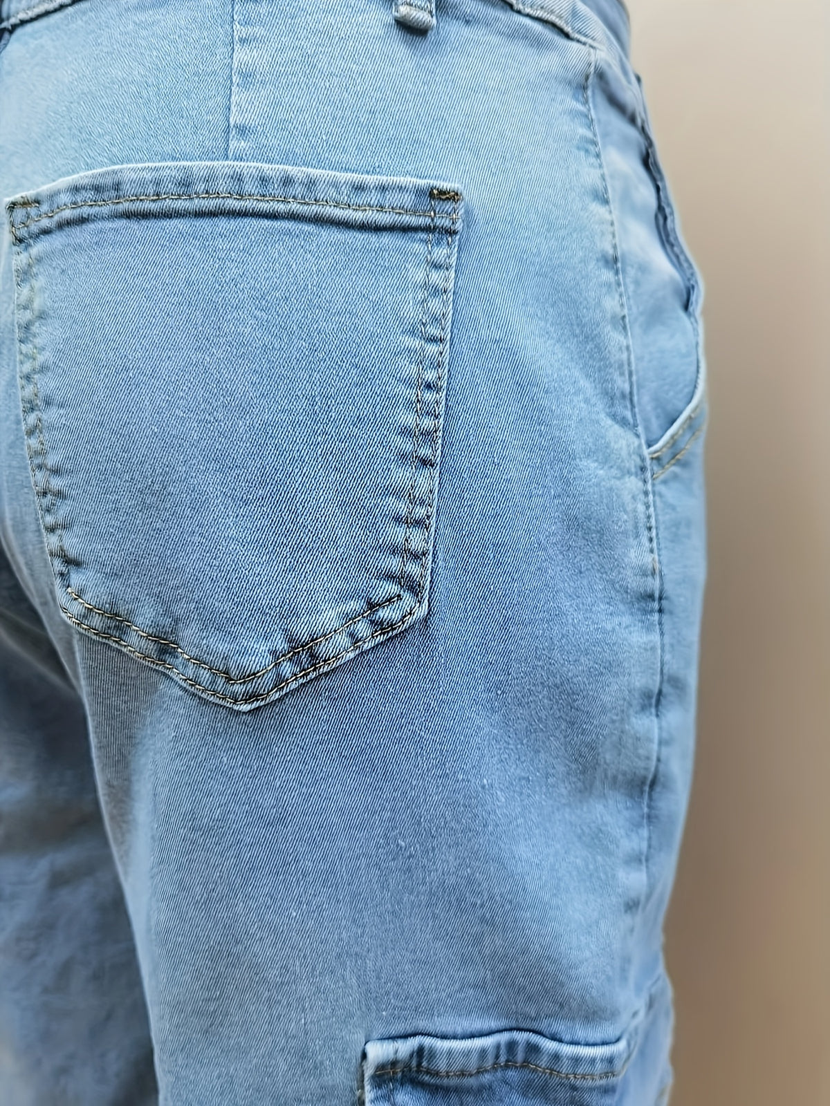 Women'S Elastic Vintage All-Match Casual Fashion Elegant Mid-Rise Machine Washable Durable Multi-Functional Loose Multi-Pocket Tapered Cargo Denim Long Pants Street Trendy Style - Bright Steel Blue