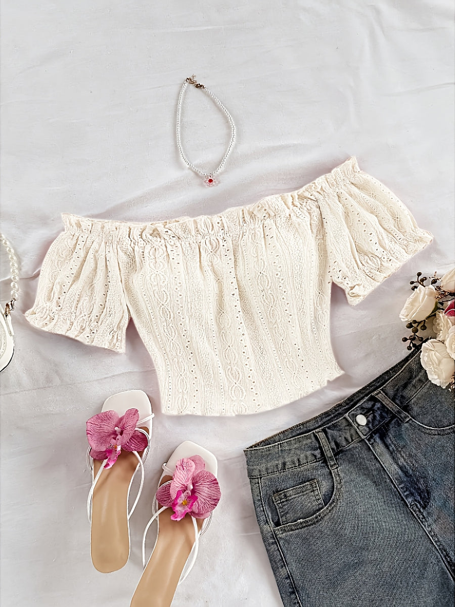 Women'S Bohemian Style Romantic Floral Vacation Style Floral Pattern Crop Off-Shoulder Top, Suitable for Daily Vacation Wear - Ivory White