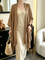 Daily Casual Fringe Poncho Cape, Batwing Sleeve Open Front Cardigan Coat, Soft Hollow Shawl Wrap Outer Top for Women - Camel