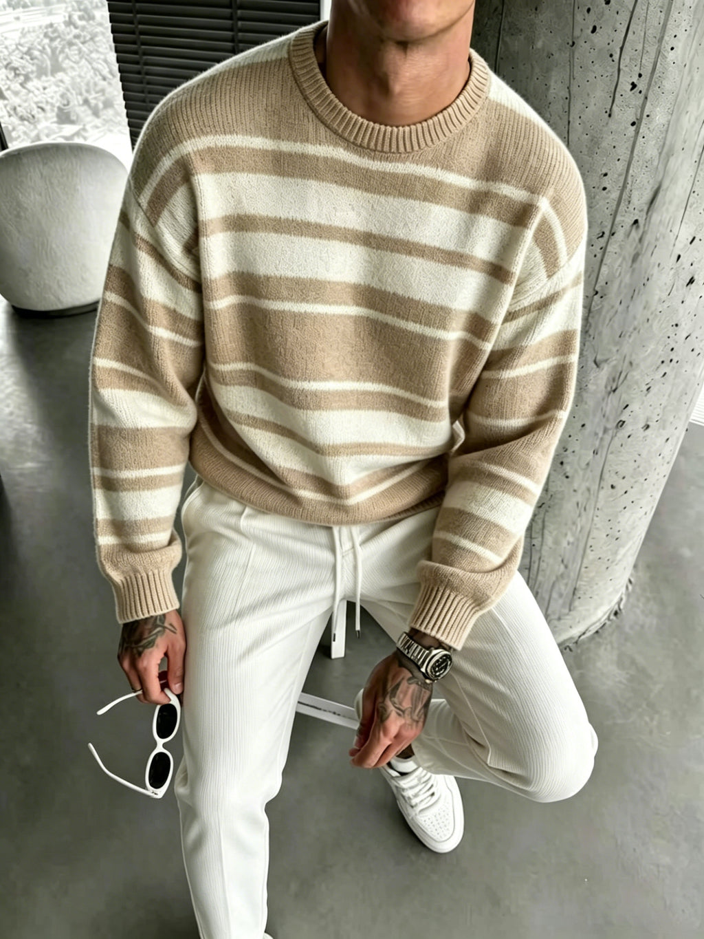 Men's Striped Crewneck Long-sleeve Knit Top, Comfortable, Breathable, and Lightweight, Suitable for Casual Wear, Vacations, and Valentine's Day - Khaki