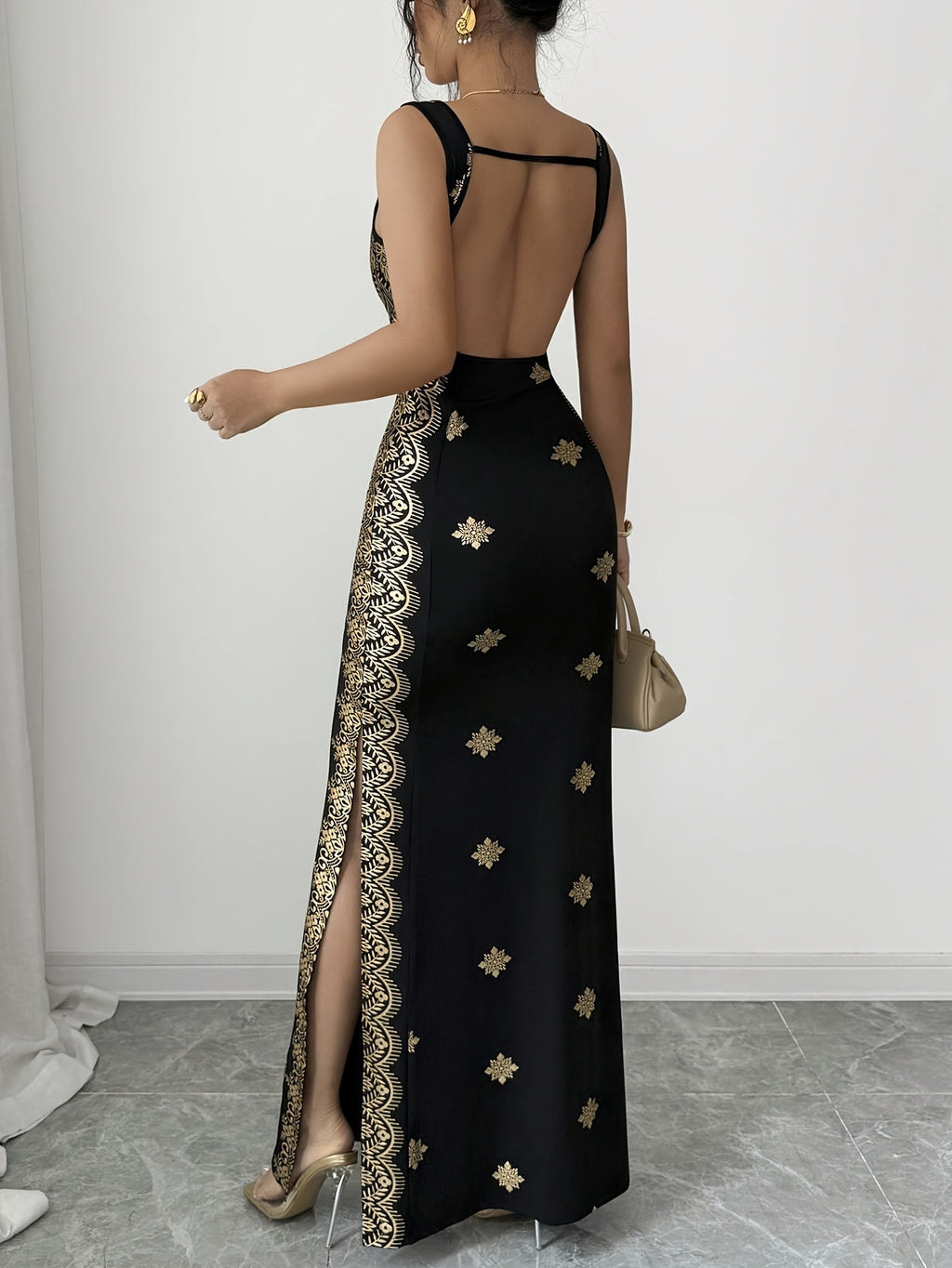 Women'S Dress Spring/Summer Retro Square Neck Printed Elegant Dress Bodycon Butt-Hugging Waist-Cinching Evening Party Long Dress - Black