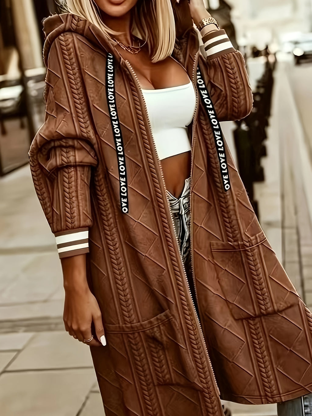 Plus Size, Women'S Long Pocket Hooded Jacket. Zipper, Ruffled Cuffs And Panel Detailing. Fabric - Light Brown-1