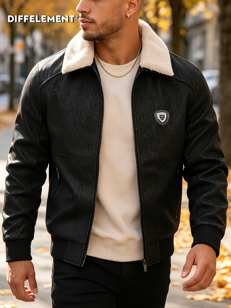 Men'S Plush Collar Distressed Flight Jacket, Thickened Warm Lining Vintage Texture Fabric Zipper Pockets Shield Badge Slim Short Style Fall Winter Riding Commute American Casual Windproof Durable Coat - Black