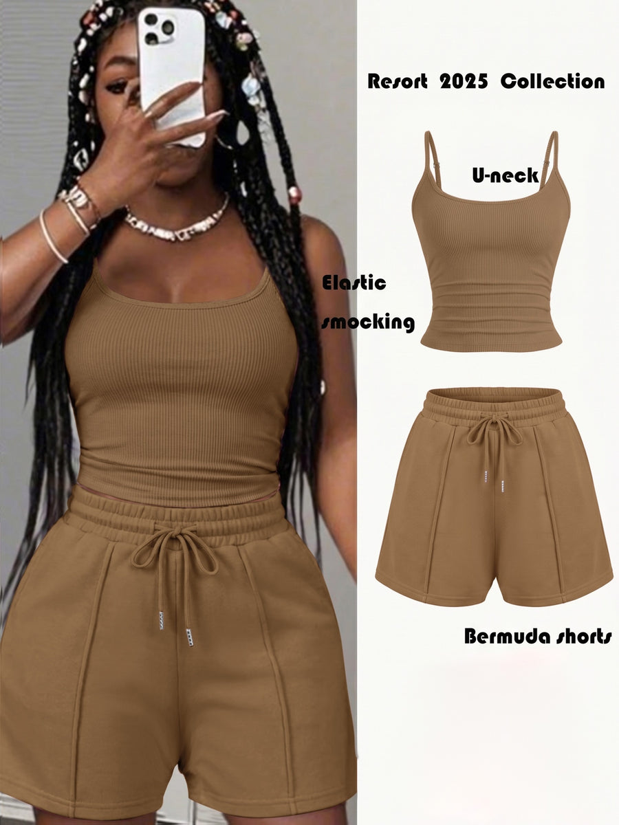 Women'S New Casual Camisole Knit Elastic Vest And Striped Textured Shorts 2pcs Set - Olive Brown