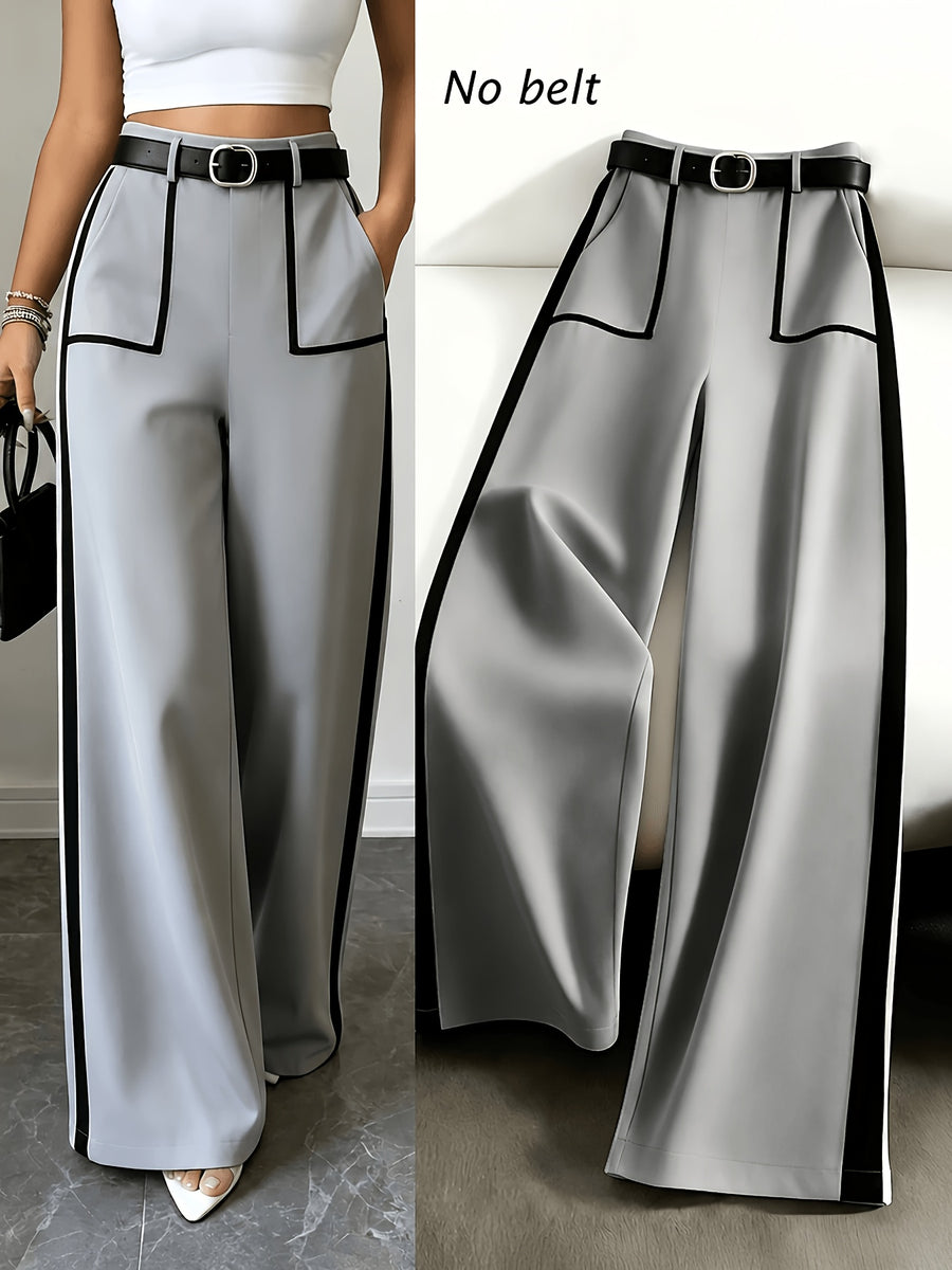 Grey Autumn and Winter Business Casual Wide Leg Straight Leg Pants, Stylish and Elegant Splicing Design, Loose Commuting Multi-purpose Pants, Suitable for Wearing in Spring and Autumn Seasons, Elastic Back Waist Casual Multifunctional Pants - Lead Color