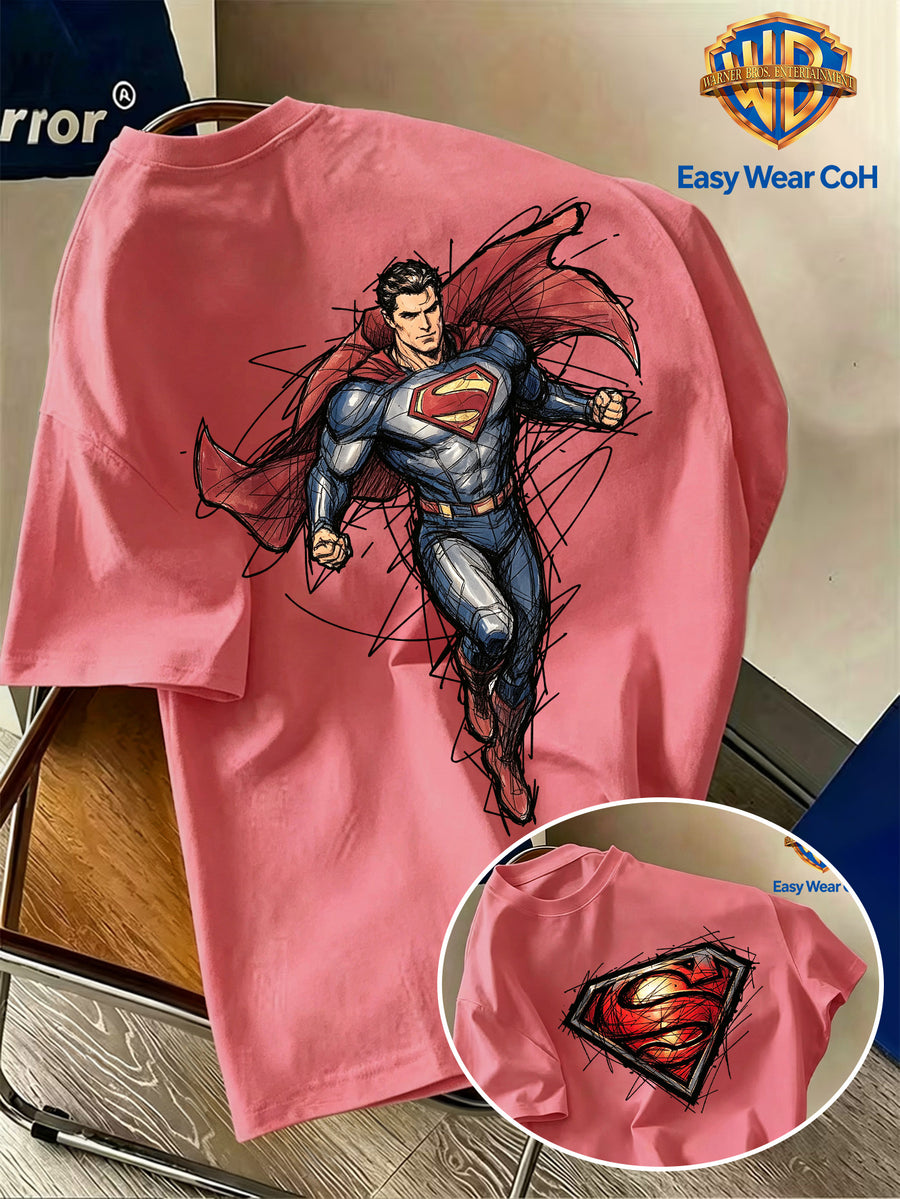 Warner Bros. Authentic Men's Pure Cotton Short-Sleeve T-Shirt, Featuring a Classic Hand-drawn Sketch-style Superman Core Pattern + S Shield Logo Creative Print. The Sketch Design Has Finely Detailed Layers, and the Pure Cotton Fabric Dispels Summer - Watermelon Red