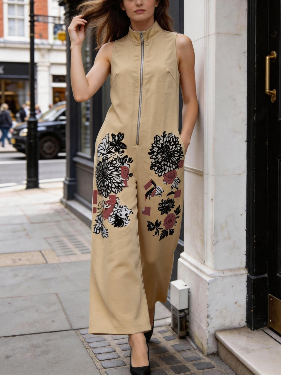 Women's Fashionable Casual Vacation Style Sleeveless Printed Jumpsuit WY260406110 - Khaki