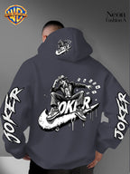 Warner Bros. Official Men'S Autumn Winter Trendy Print Hooded Fleece Sweatshirt, Long Sleeve Pullover Hoodie, Black And White Line Art Skateboard Joker Dripping Graffiti Trendy Print Pattern, Kangaroo Pouch And Drawstring Design - Dark Gray